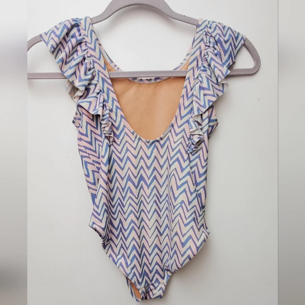 Crew Cuts Pink Blue Ruffle Chevron Swim Suit Size 8 yrs